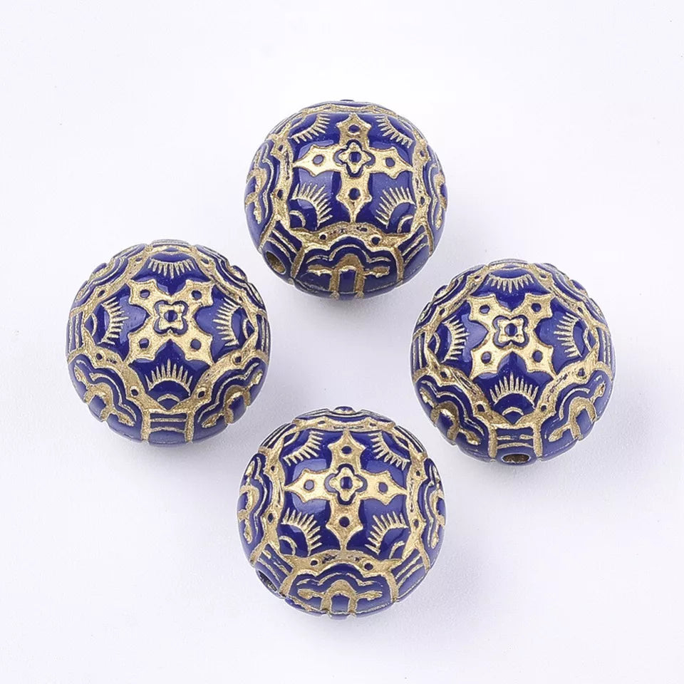 20 schöne Acryl-Perlen dunkelblau - gold , 14 mm , Bohrung: 1 mm